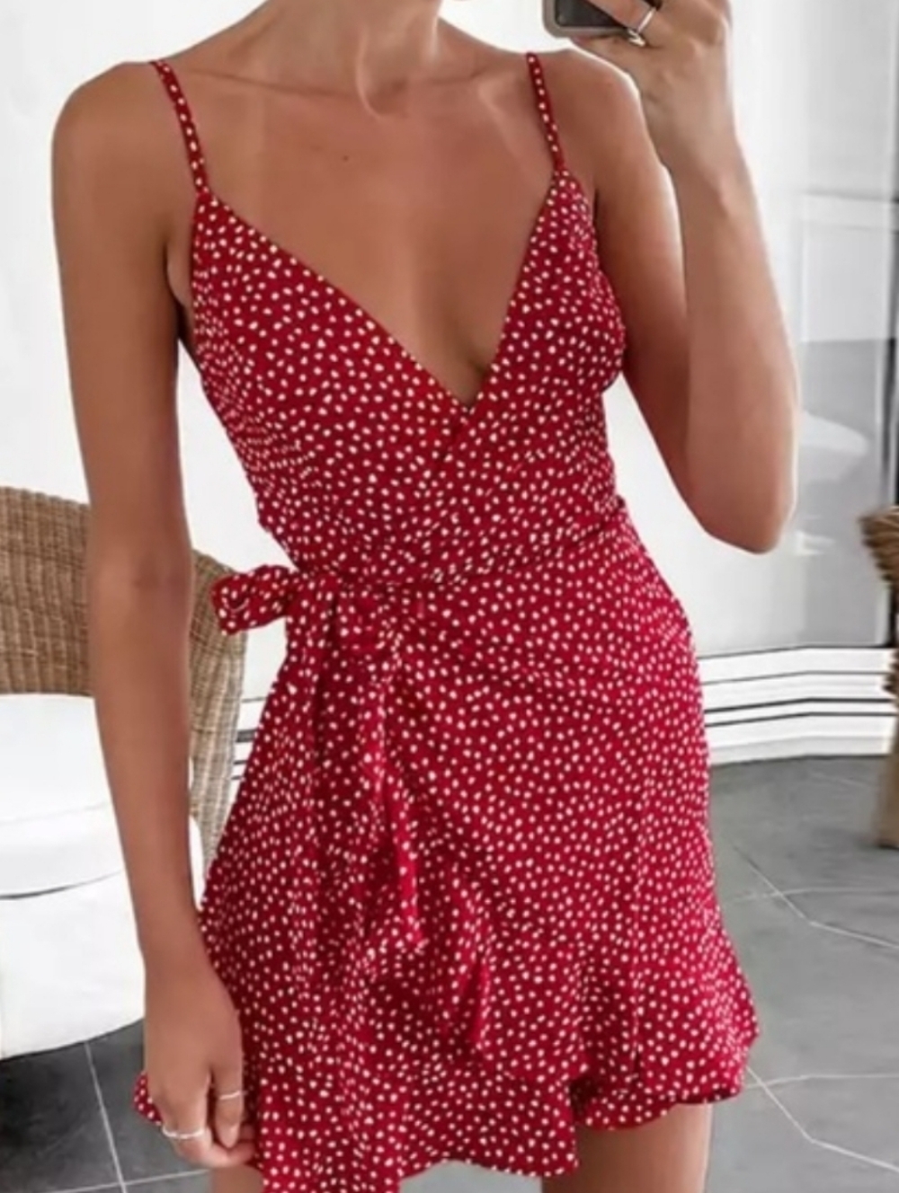 Red Polka Dot Wrap Mini Dress with V-Neck and Tie Waist